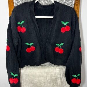 Source Unknown Black Open-Front Cardigan with Red Cherry Appliqués